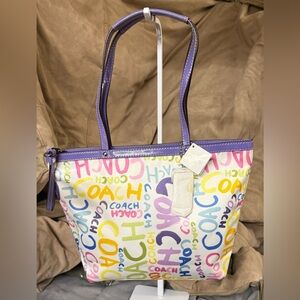Coach Purple & White Satin Multi-Color Graffiti Tote Bag # C1282-F19419 NWT